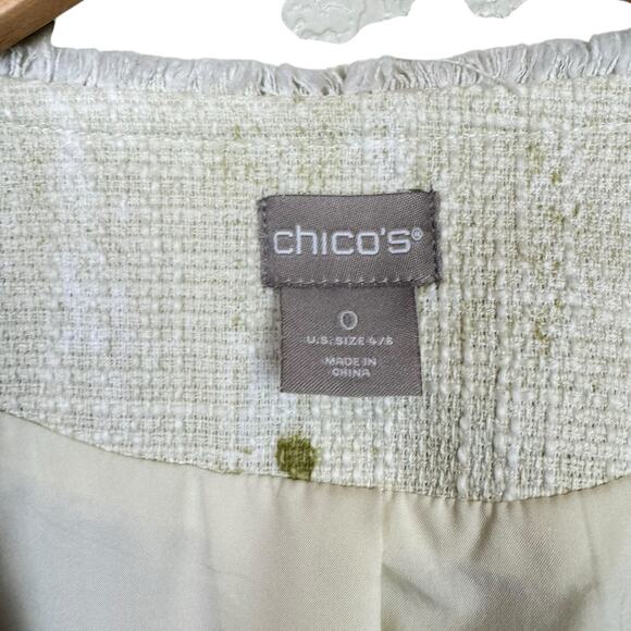 Chico's Sz 0 Embellished Heritage Soft Cotton Tweed Green Open Spring Jacket - Picture 12 of 14